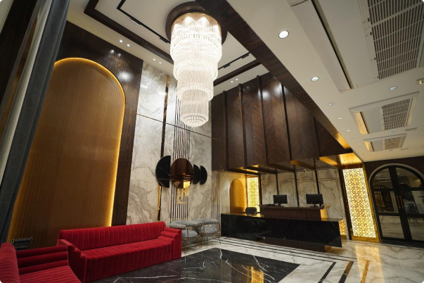 Grand entrance foyer of Hotel Suffa International, in Indore, India